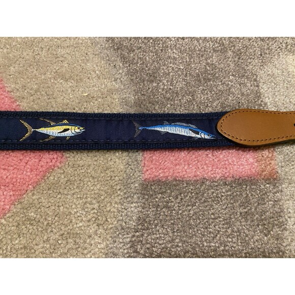 Zep-Pro Belt Mens 32 Boys Canvas Leather Brass Blue Game Fish Fishing USA Made - Picture 13 of 16